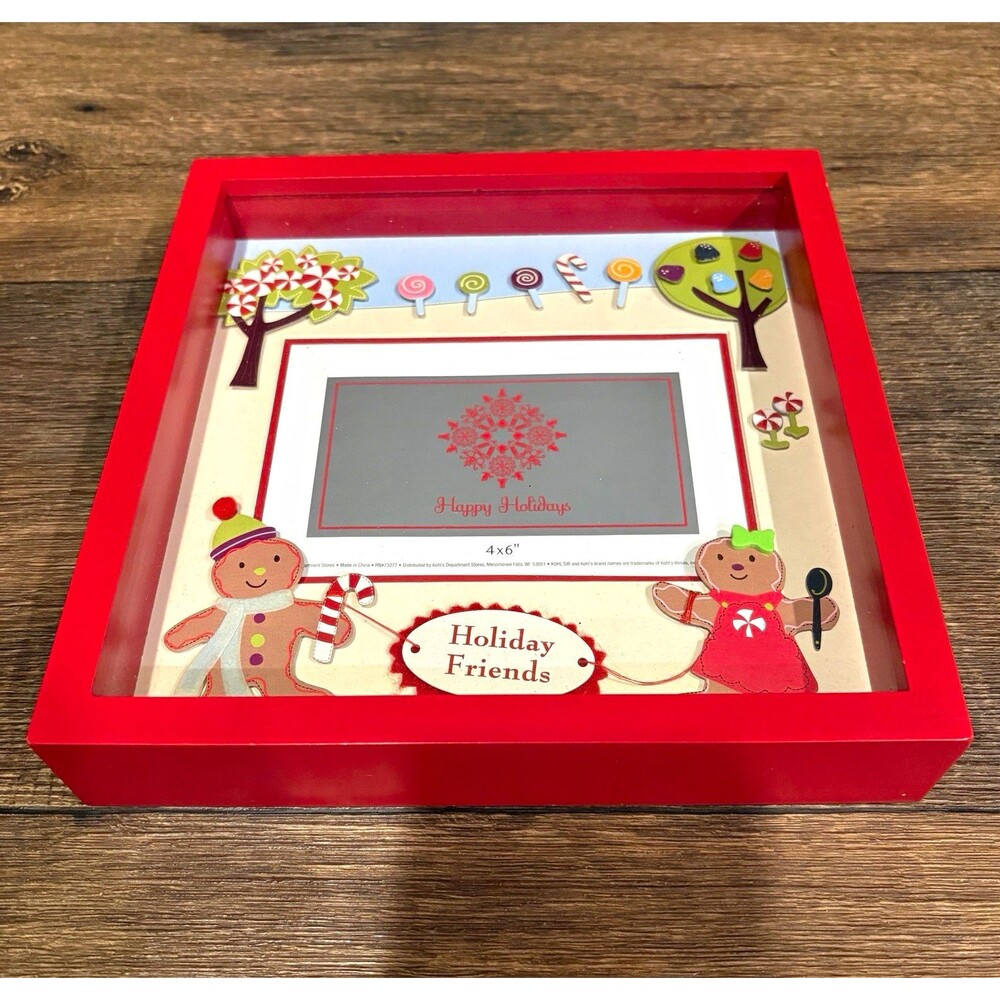 Red Holiday Friends Gingerbread Man Shadow Box Wood Photo Frame 4x6